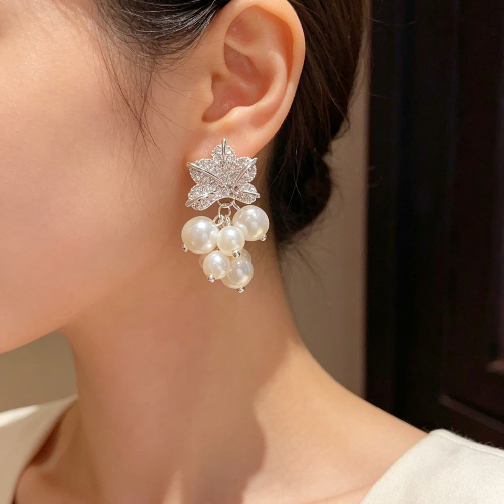 Eaioncol Leaf Pearl CZ Drop Earrings Gold Silver