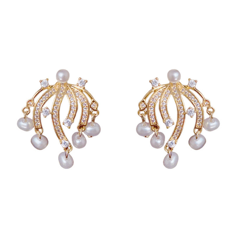 Elegant Zircon Firework & Pearl Stud Gold Earrings – Geometric Design