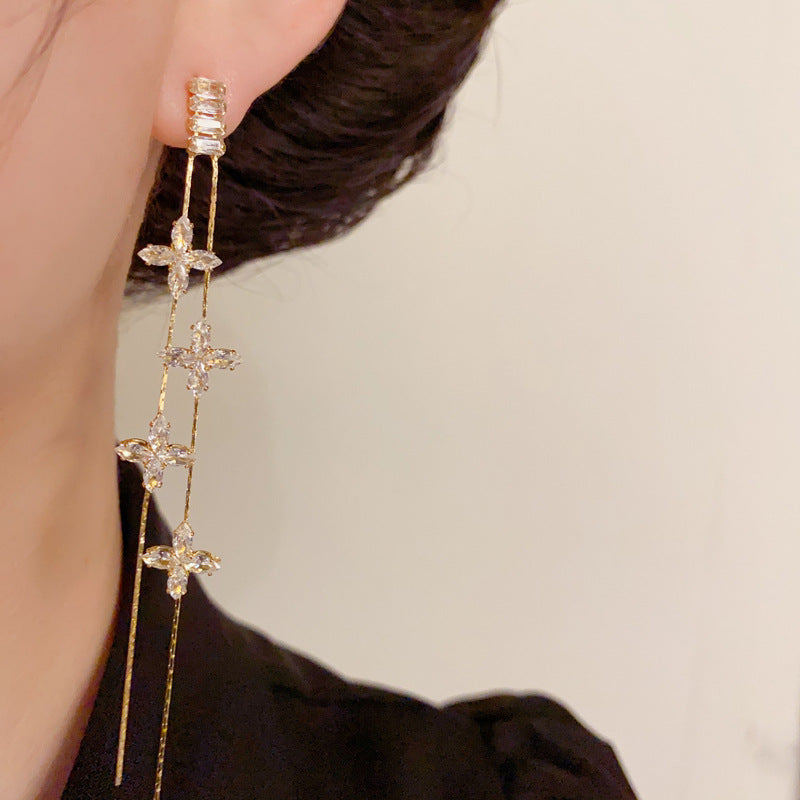 14K Gold Full Zircon Clover Tassel Drop Earrings- Chic Elegance Design