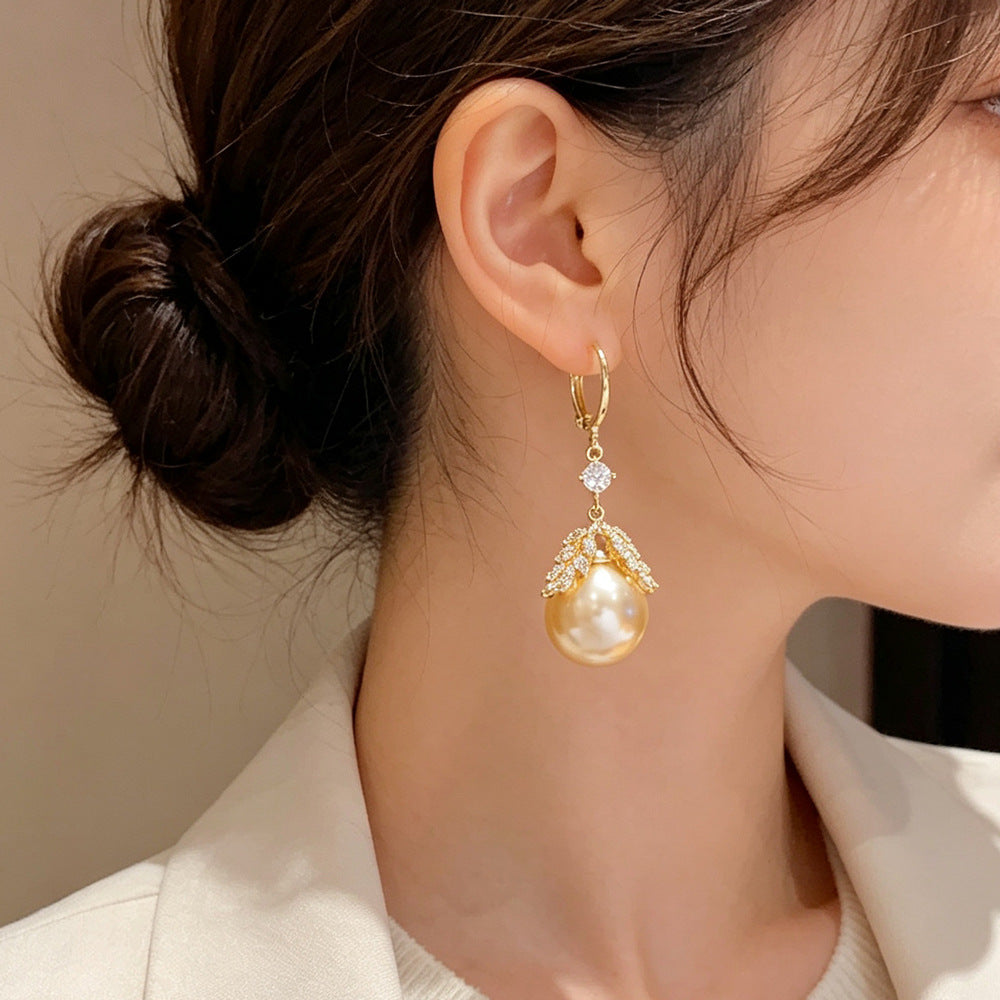 Eaioncol Leaf Pearl CZ Tassel Drop Earrings Gold