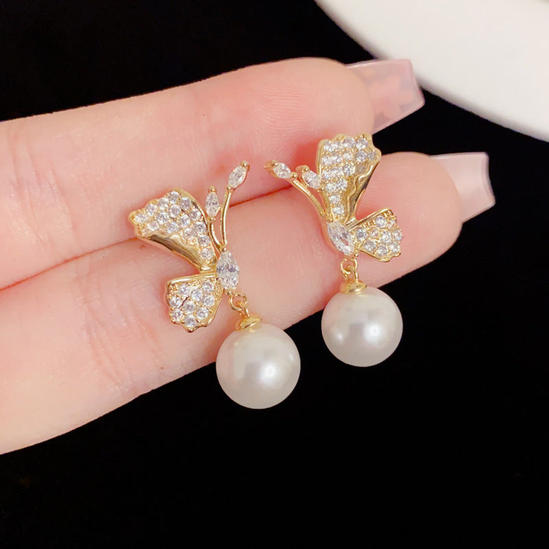 Eaioncol Butterfly Pearl CZ Drop Earrings Gold