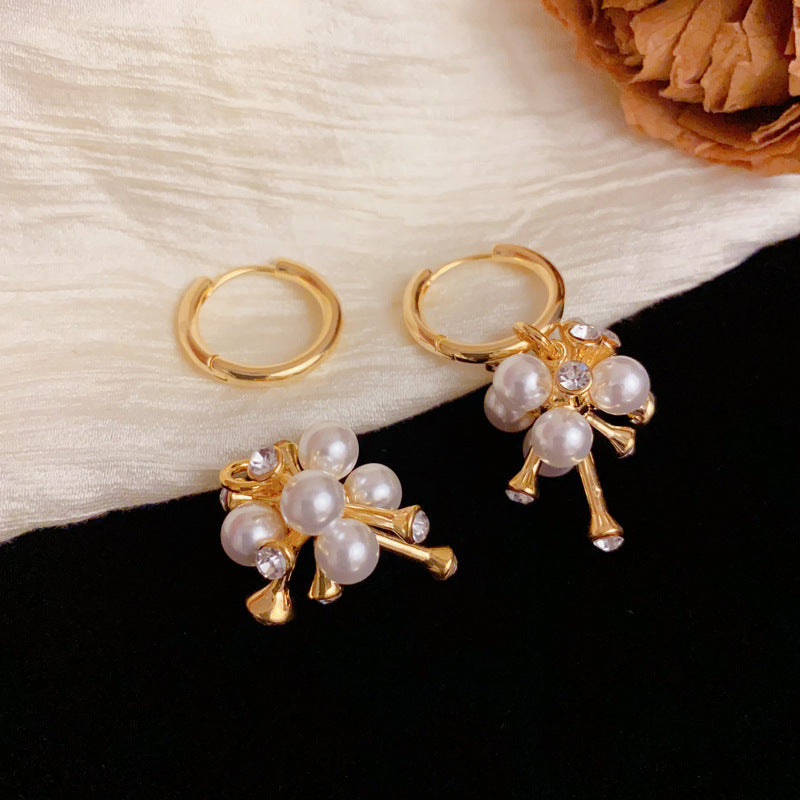 18K Gold Two-Way Irregular Zircon & Pearl Earrings –Floral Design