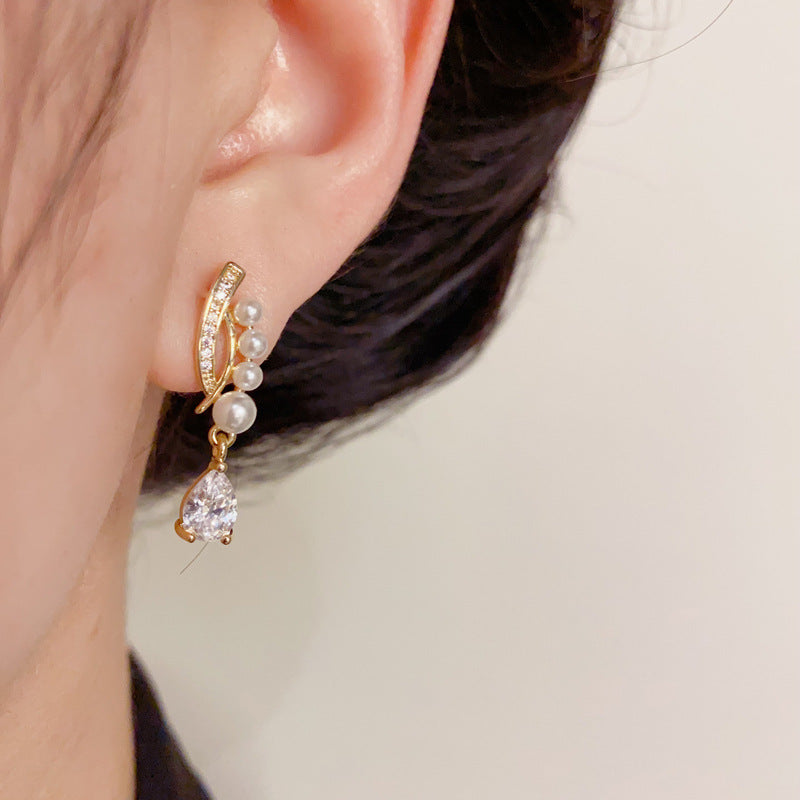 14K Gold-Plated Zircon Pearl Cross Waterdrop Earrings – Elegant Design