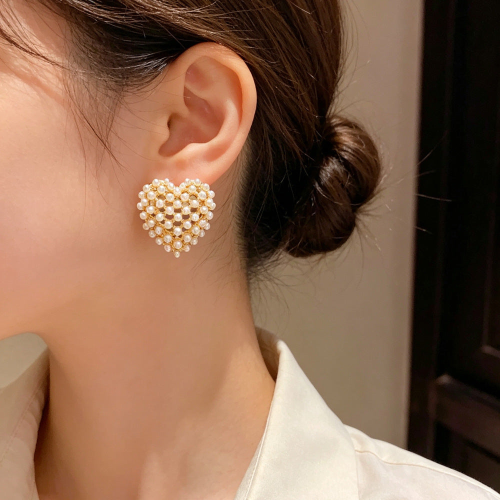 Eaioncol Openwork Heart Pearl Stud Earrings 14K Gold Plated
