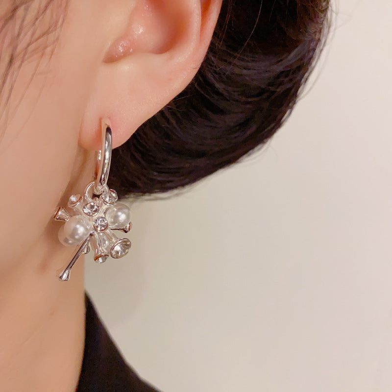 18K Gold Two-Way Irregular Zircon & Pearl Earrings –Floral Design