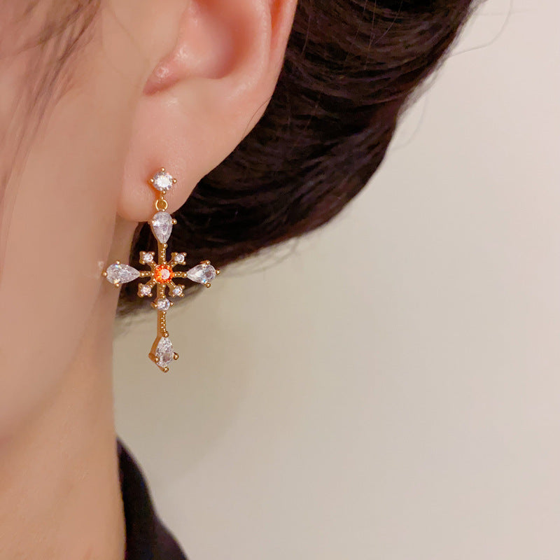 Elegant Full-Zircon Cross Drop Gold Earrings – Geometric Design