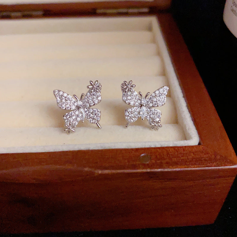 14K Gold-Plated Full Zircon Butterfly Stud Earrings – Elegant Sparkle