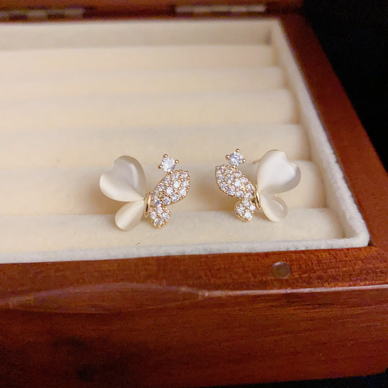 14K Gold Cat's Eye Stone Butterfly Stud Earrings – Sweet & Elegant