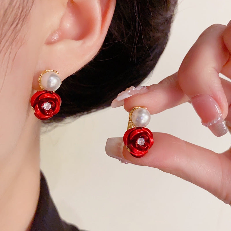 Elegant Pearl Rose Flower Ear Cuff Gold Earrings – Floral Design