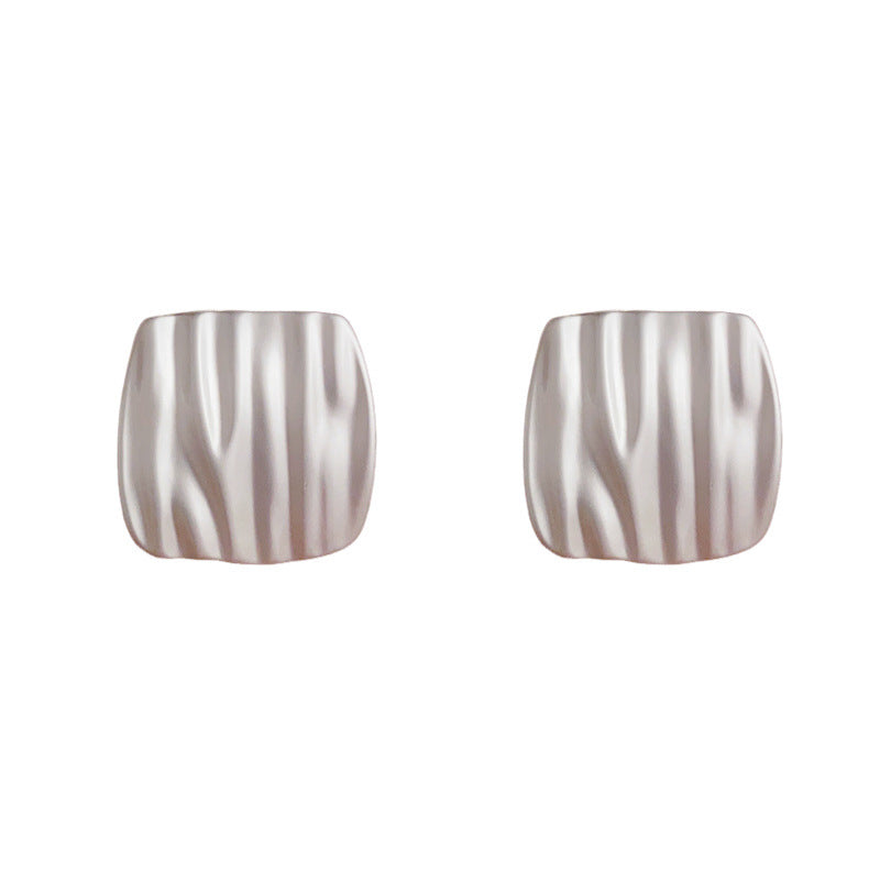 Elegant Silver Water Ripple Square Stud Earrings – Geometric Design