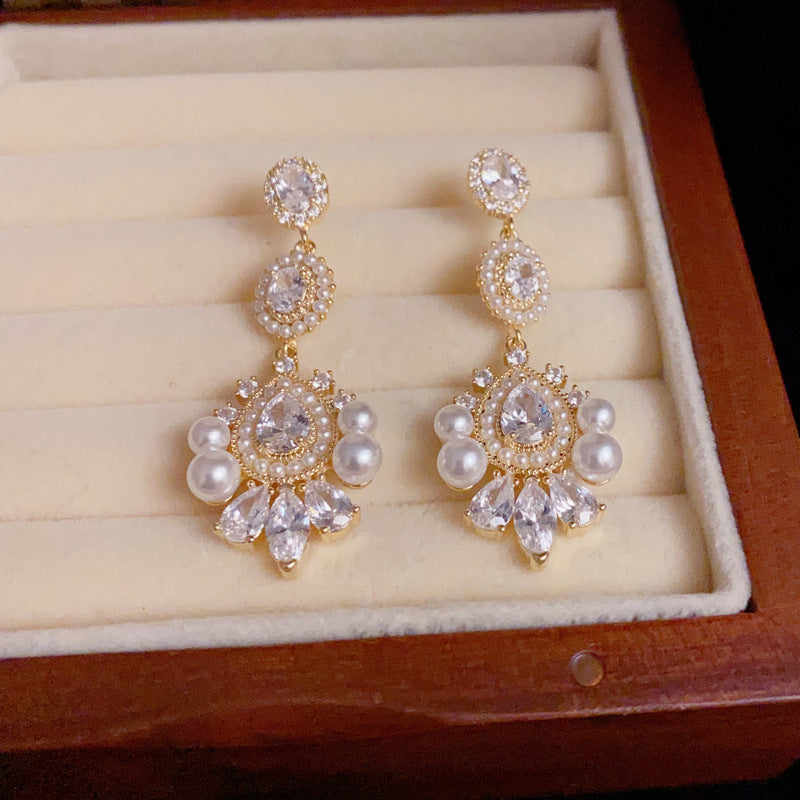 14K Gold-Plated Pearls & Zircon Drop Tassel Earrings - Elegant Design