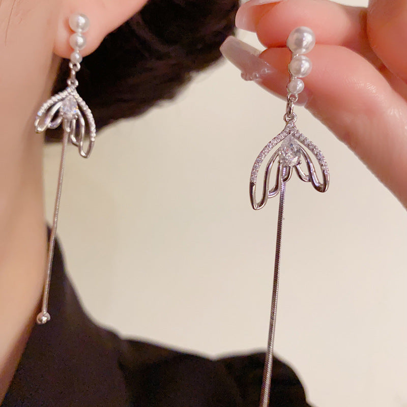 14K Gold-Plated Pearl Zircon Fish Tail Tassel Earrings –Elegant Design