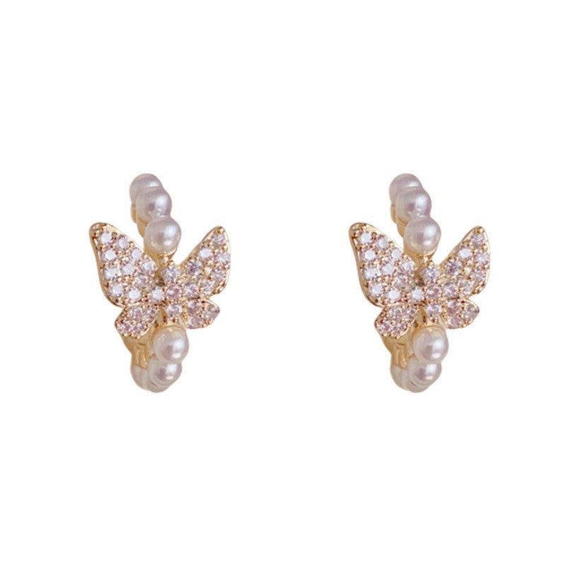 Luxury Zircon Butterfly & Pearl C-Shaped Hoop Earrings– Elegant Design