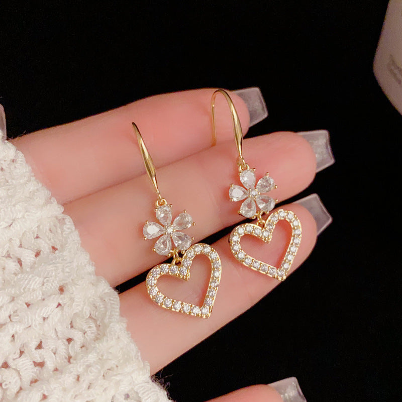 14K Gold Luxury Zircon Flower & Heart Drop Earrings – Elegant Design