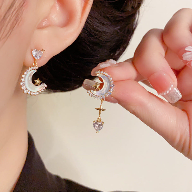Zircon Star-Moon Asymmetric Tassel Drop Earrings – Elegant Design