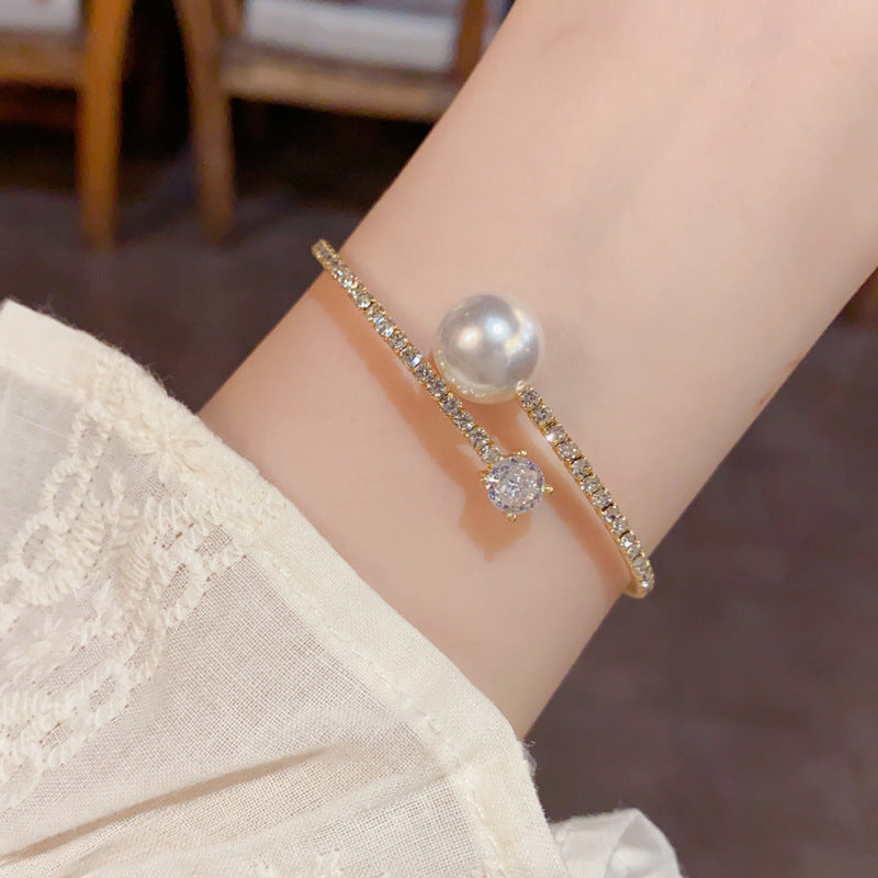 Minimalist Pearl & Rhinestone Open Cuff Bracelet – Adjustable Design