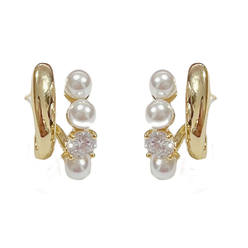 14K Gold Double-Layer Zircon Pearl Stud Earrings – Elegant Design
