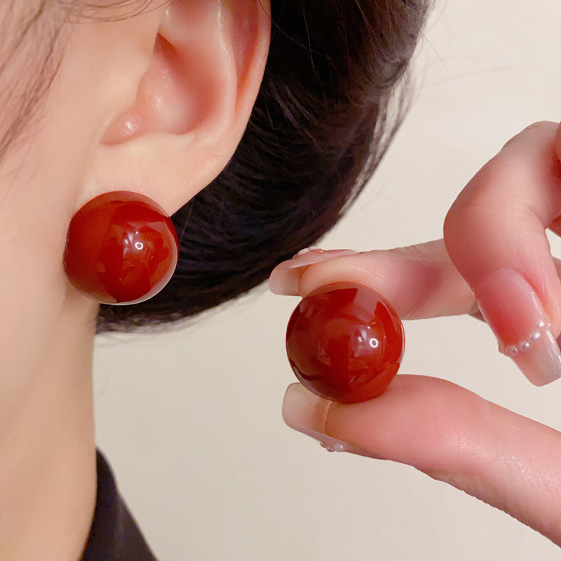 Luxury Red Enamel Circle Stud Earrings – Classic Retro Design