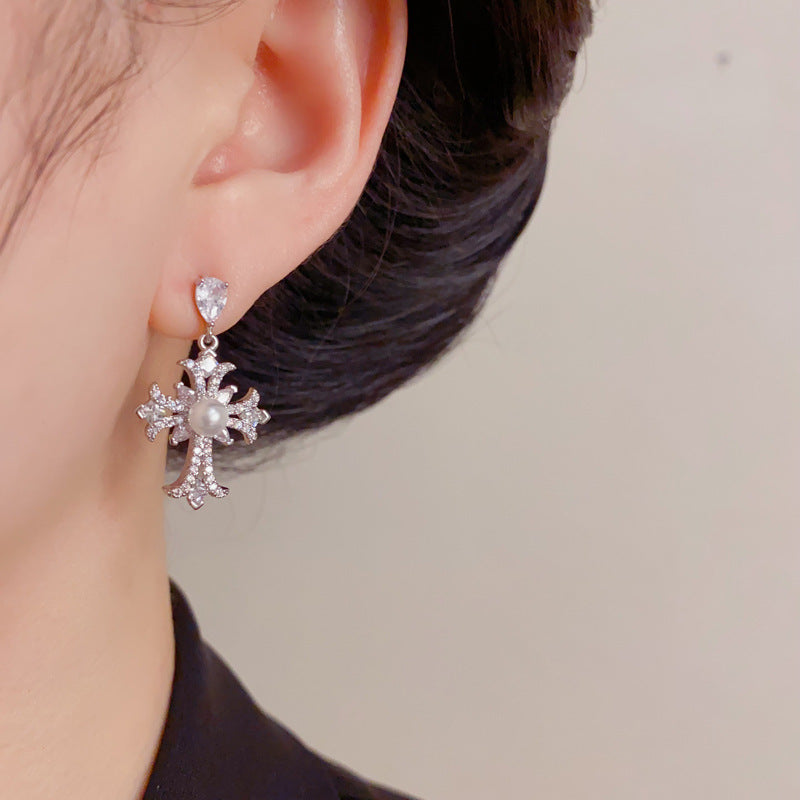 14K Gold Cross Elegant Earrings – Cubic Zircon & Pearl for Women