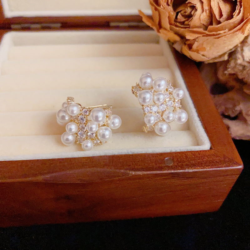 14K Gold Luxury Zircon & Pearl C-Shaped Hoop Earrings – Elegant Design