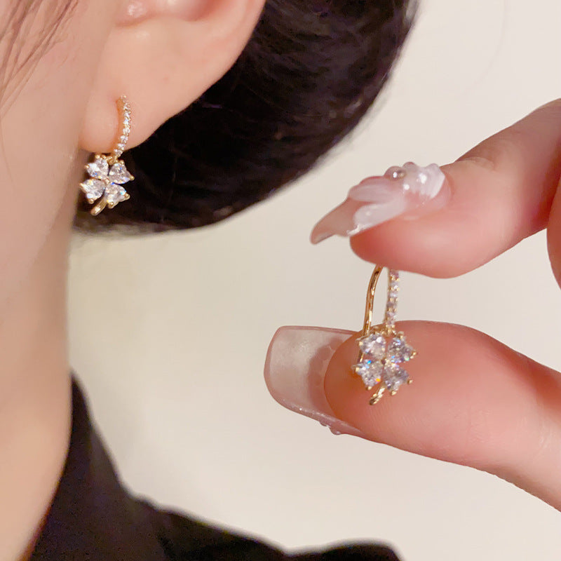 Luxury Zircon Four-Leaf Flower Hook Earrings – Elegant Flower Design