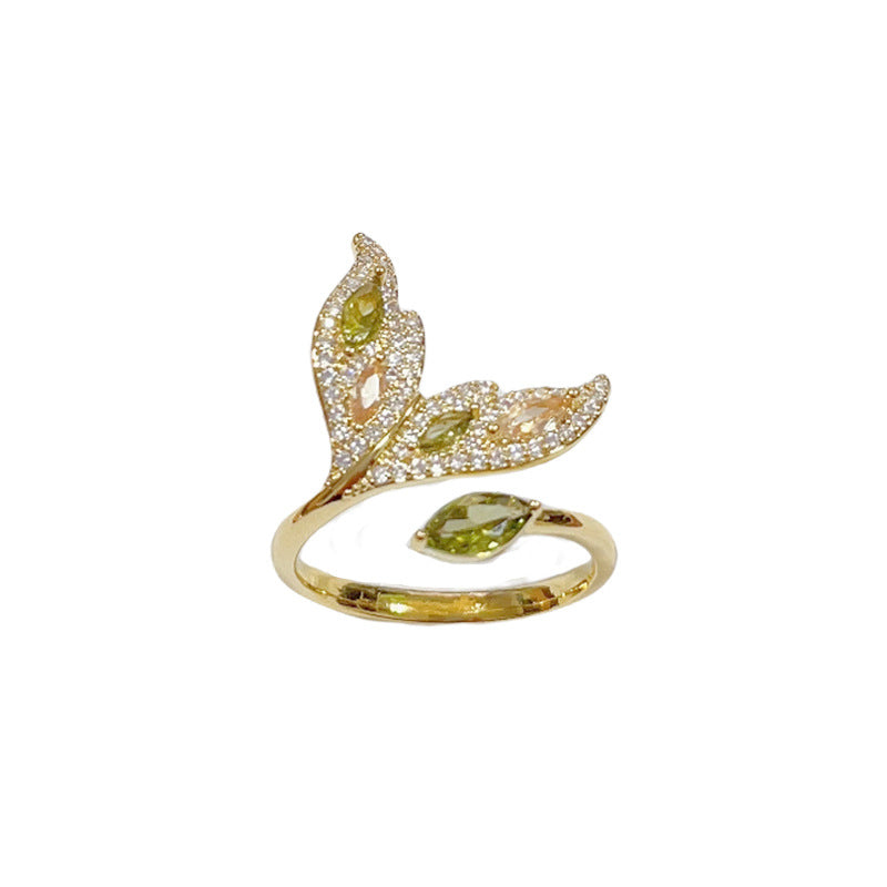 14K Gold-Plated Zircon Fish Tail Adjustable Ring - Elegant Minimalist