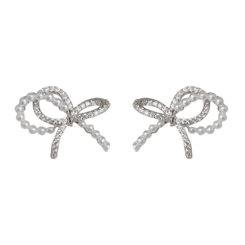 14K Gold-Plated Zircon Pearl Bow Earrings – Sweet Elegant Design