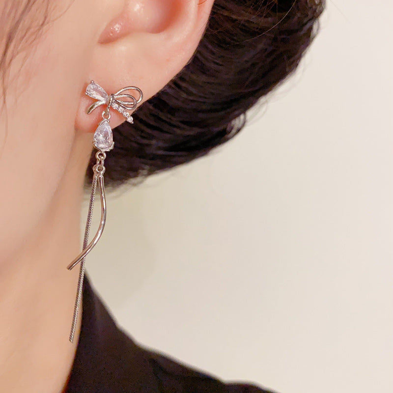 Luxury Zircon Bow & Tassel Drop Earrings – Silver Needle Design