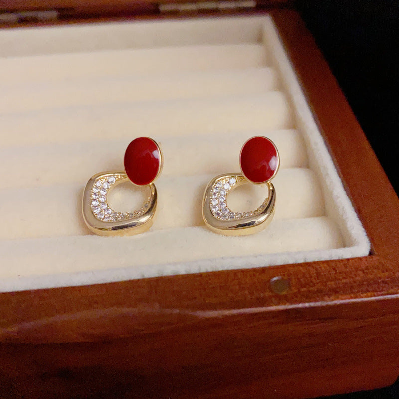 14K Gold-Plated Red Drop Oil Diamond Shape Earrings - Retro Design