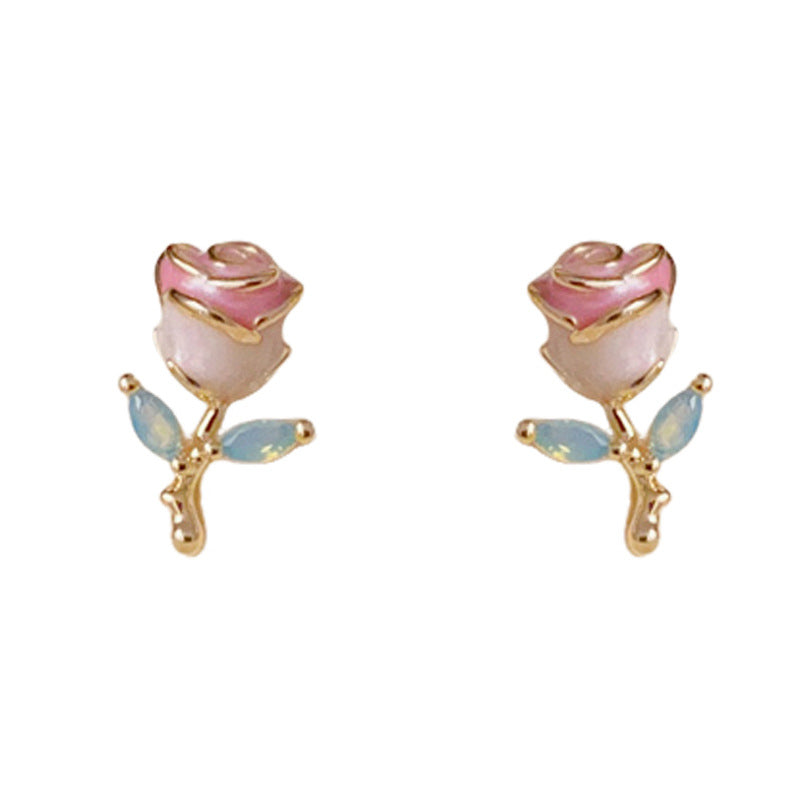 14K Gold-Plated Enamel Rose Stud Earrings – Elegant Floral Design