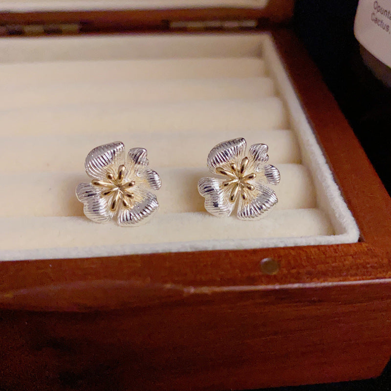 14K Gold-Plated Two-Tone Floral Stud Earrings – Chic & Minimalist