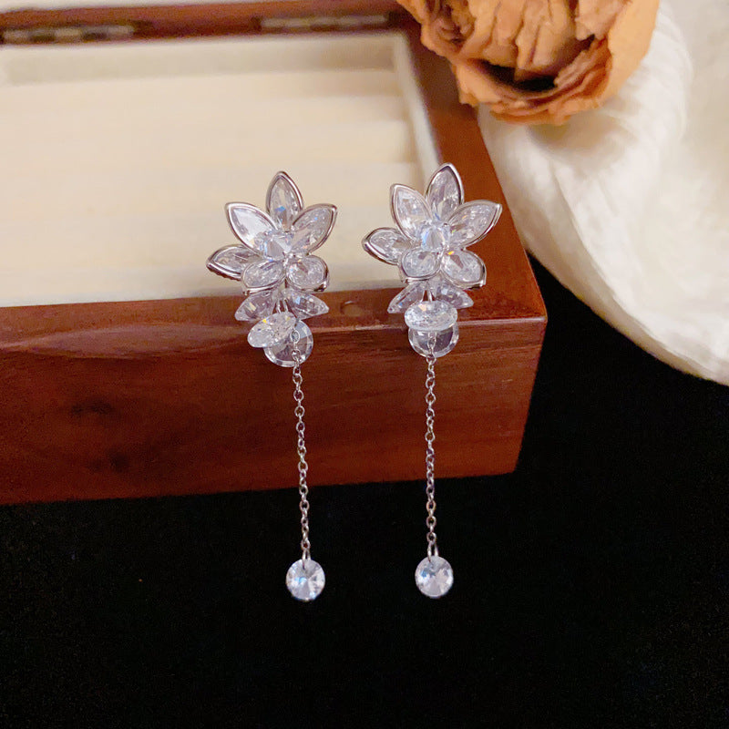 Luxury Zircon Petal Long Tassel Drop Earrings – Elegant Floral Design