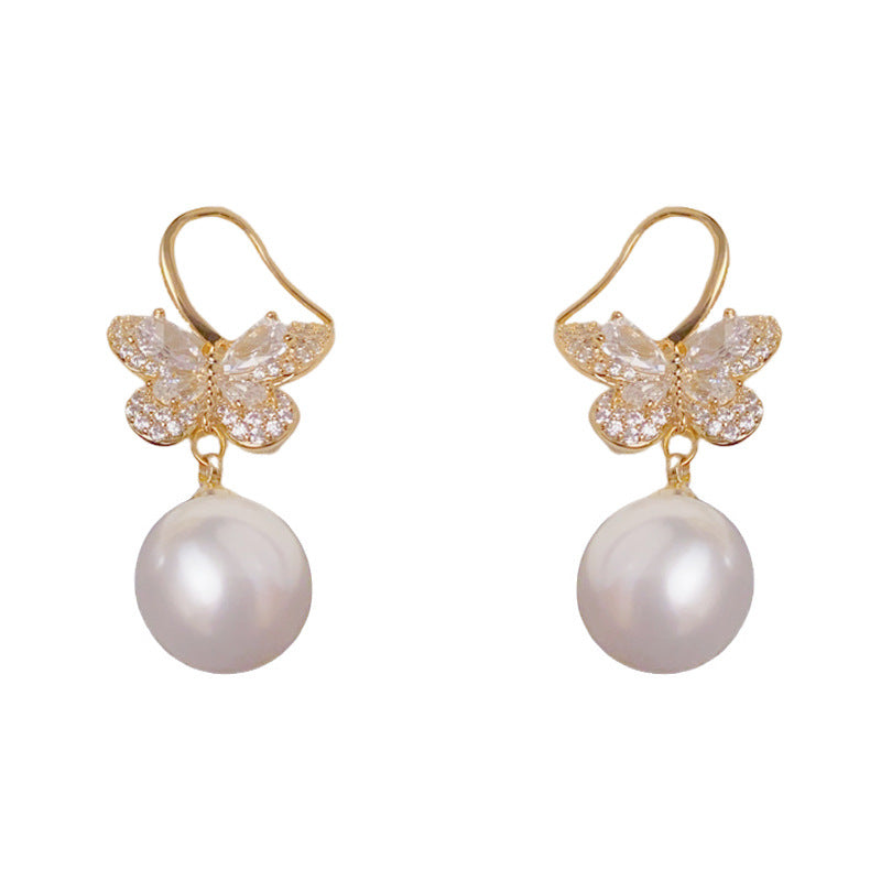 Luxury Zircon Butterfly & Pearl Drop Earrings – Elegant Design