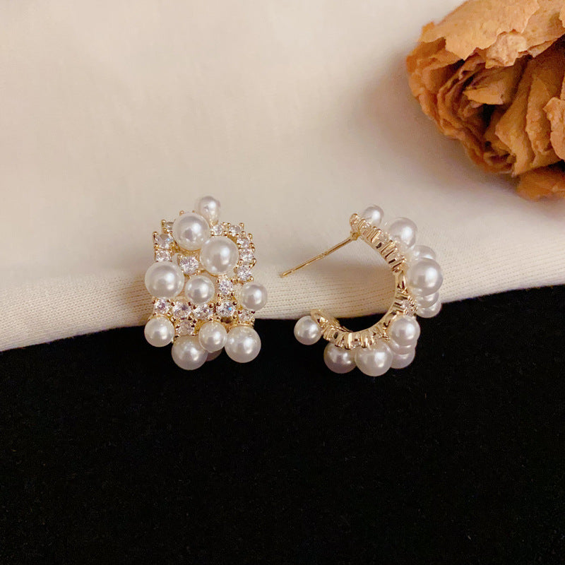 14K Gold Luxury Zircon & Pearl C-Shaped Hoop Earrings – Elegant Design