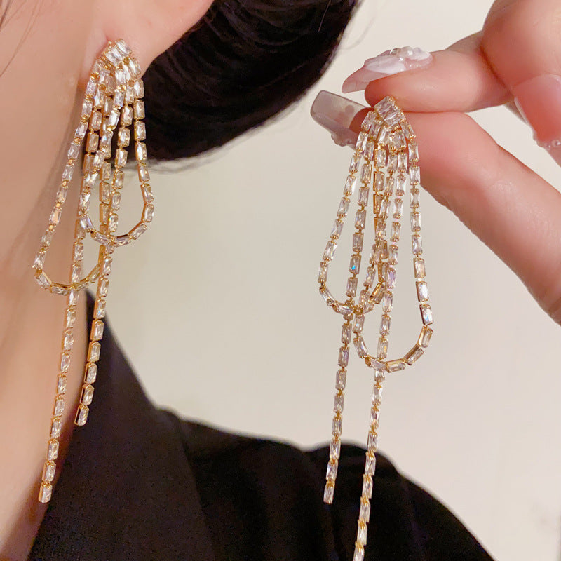 Luxury Zircon Geometric Long Tassel Drop Earrings – Elegant Design