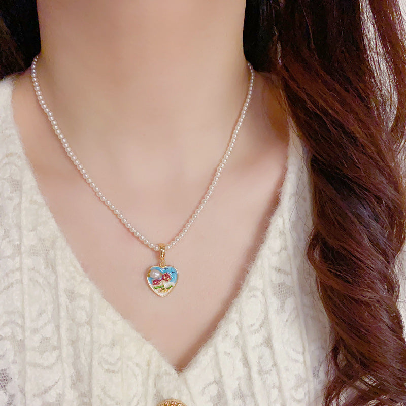 14K Gold-Plated Oil Painting Heart Pearl Necklace – Romantic Elegance
