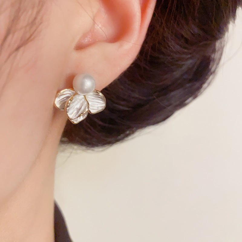 Elegant White Enamel Petal & Pearl Stud Earrings – S925 Silver Needle