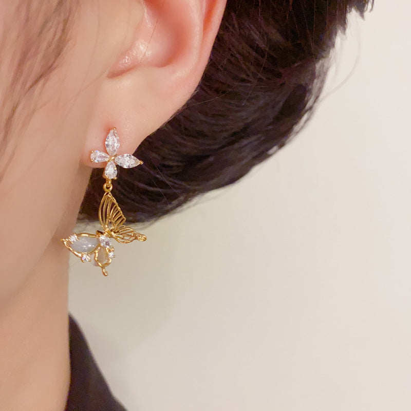 14K Gold Zircon Butterfly Tassel Drop Earrings – S925 Silver Needle