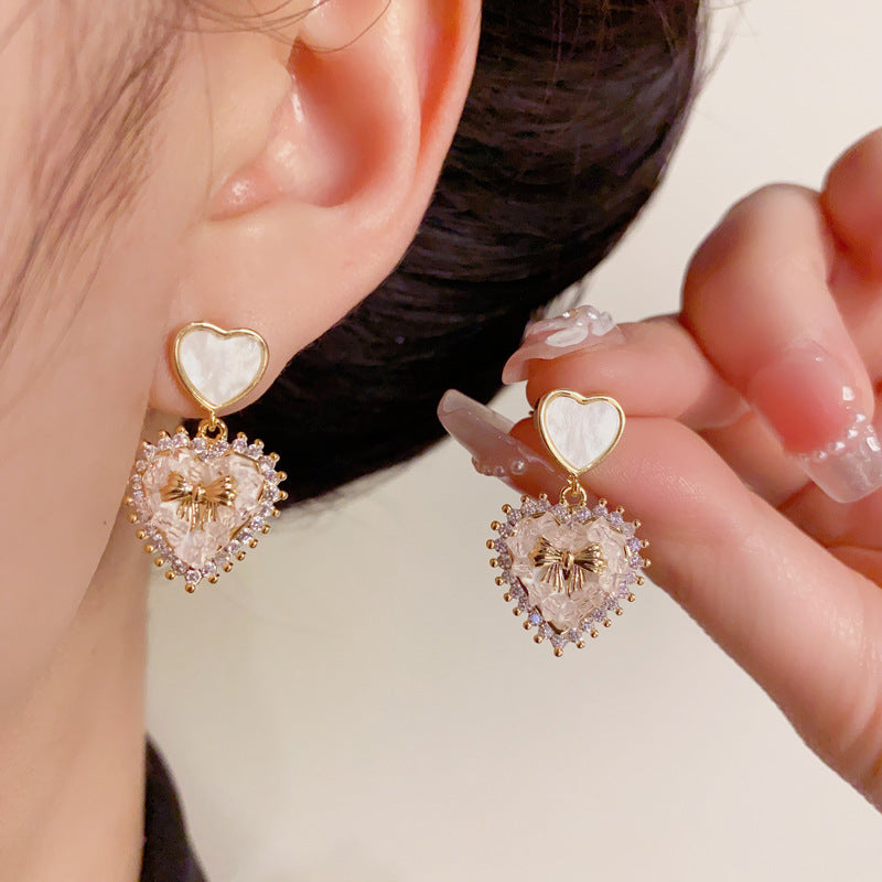 14K Gold-Plated Pink Heart Bow Drop Earrings – Sweet Chic Design