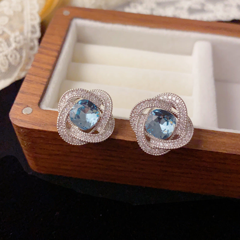 Luxury Zircon Halo Blue Diamond Stud Earrings – French Elegant Design