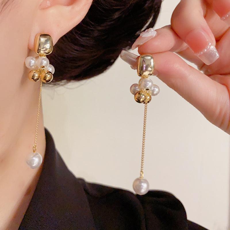 Luxury Metal Geometric Pearl Long Tassel Earrings – Elegant Design