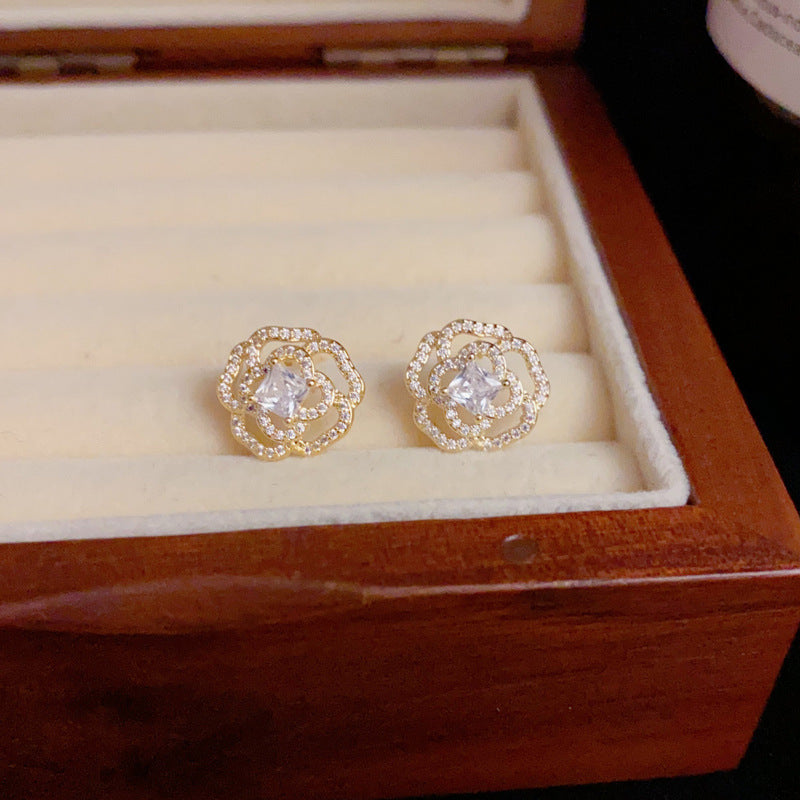14K Gold-Plated Zircon Hollow Camellia Stud Earrings – Elegant Design