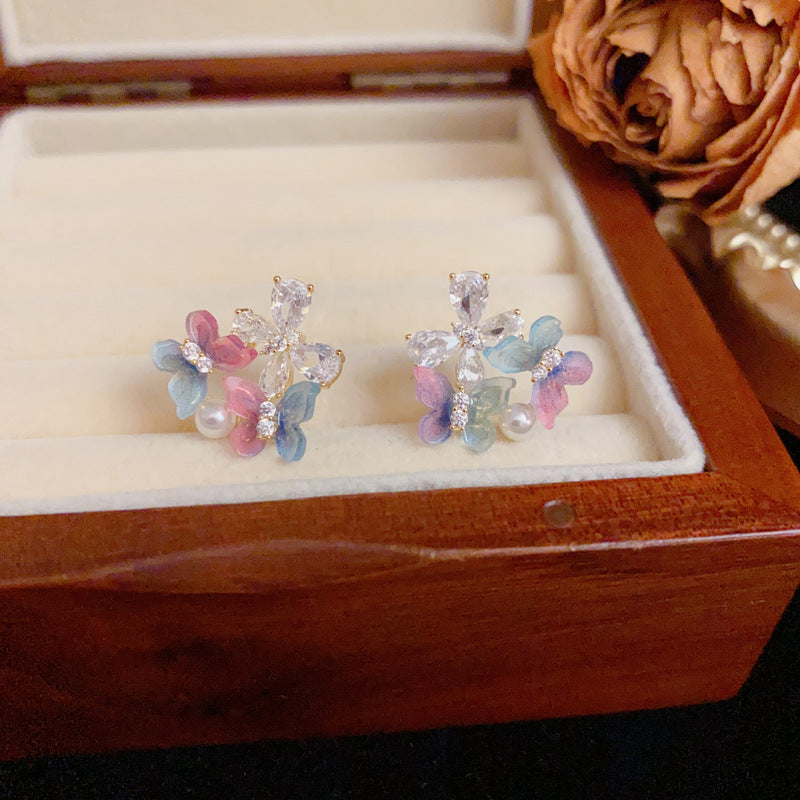 14K Gold Colorful Zircon Butterfly Stud Earrings – Elegant Design