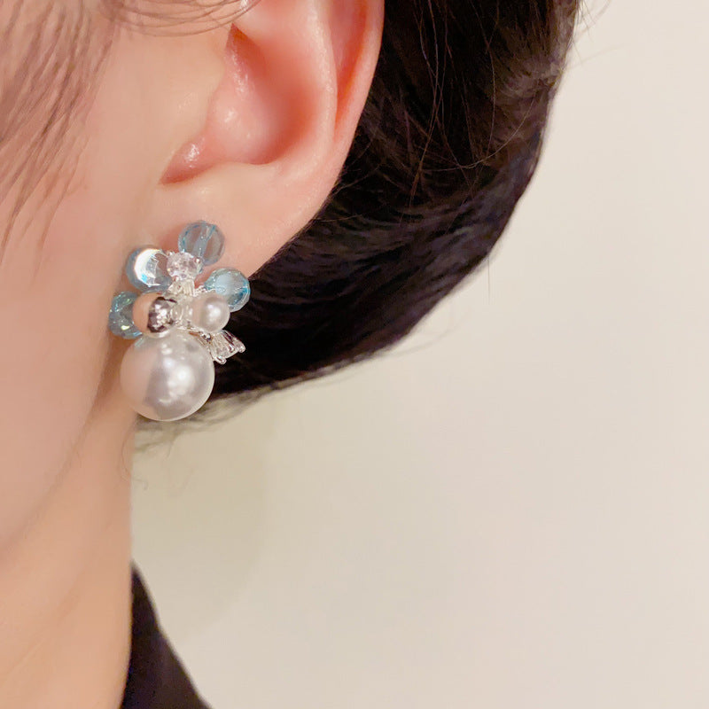 Luxury Blue Crystal & Pearl Stud Elegant Earrings – Geometric Design