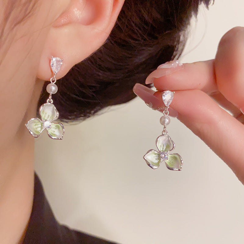 S925 Silver Luxury Gradient Green Petal Drop Earrings – Floral Design