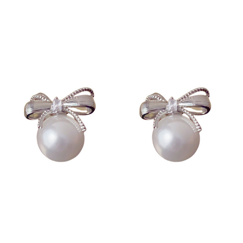 Elegant Metal Bow Pearl Stud Earrings – French Minimalist Design
