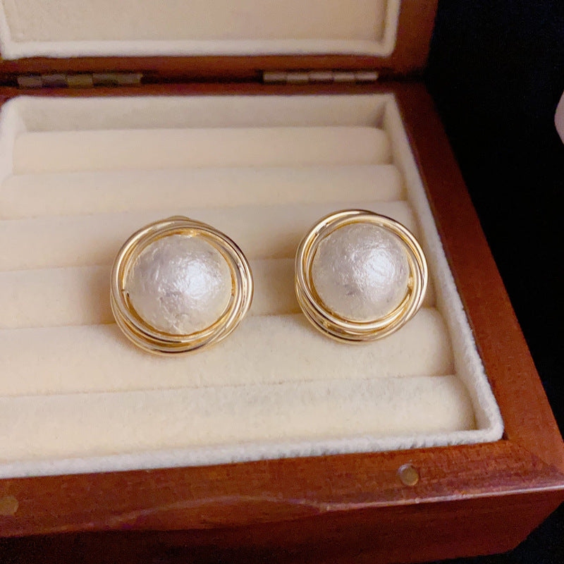 14K Gold Metal-Wrapped Cotton Pearl Stud Earrings – Elegant Design