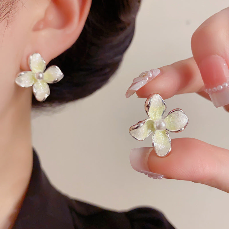 Eaioncol Gradient Flower Pearl Stud Earrings Green