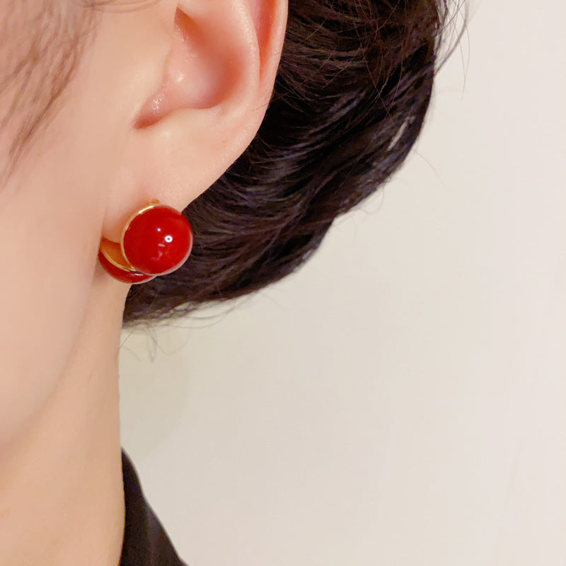 Elegant Red Spherical Ear Cuff Earrings – Geometric Design