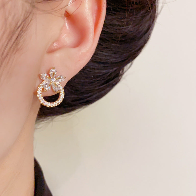 14K Gold-Plated Zircon Floral Hoop Stud Earrings–Elegant Circle Design
